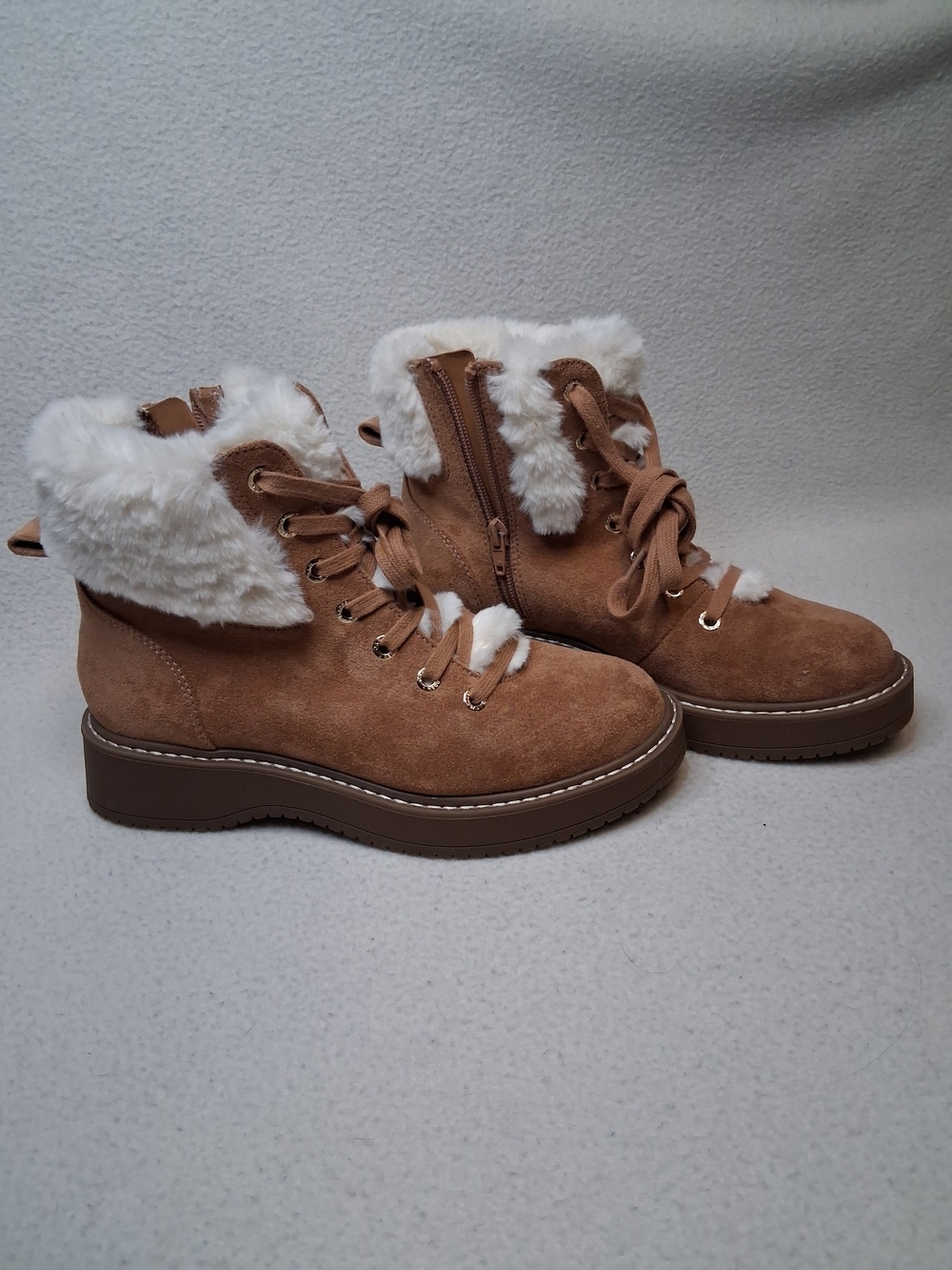 Madden Nyc Women's Tan Faux-Suede Lace-Up Fur-Trim Ankle Boots - Picture 3 of 9